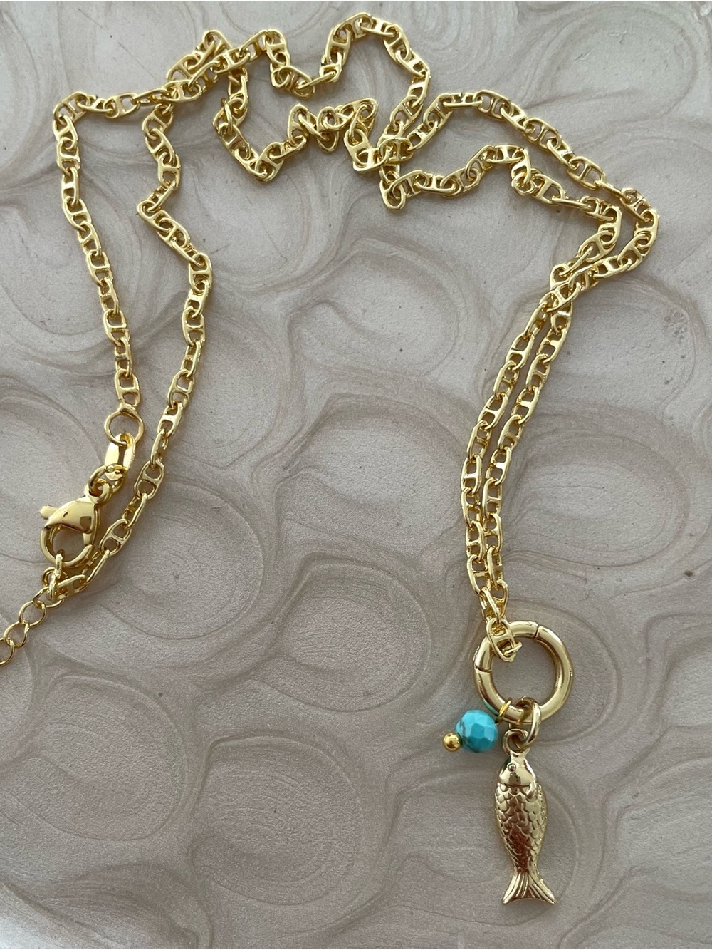 14K Gold Plated Gold Fish Charm Necklace with Turquoise Accent - Women Jewelry